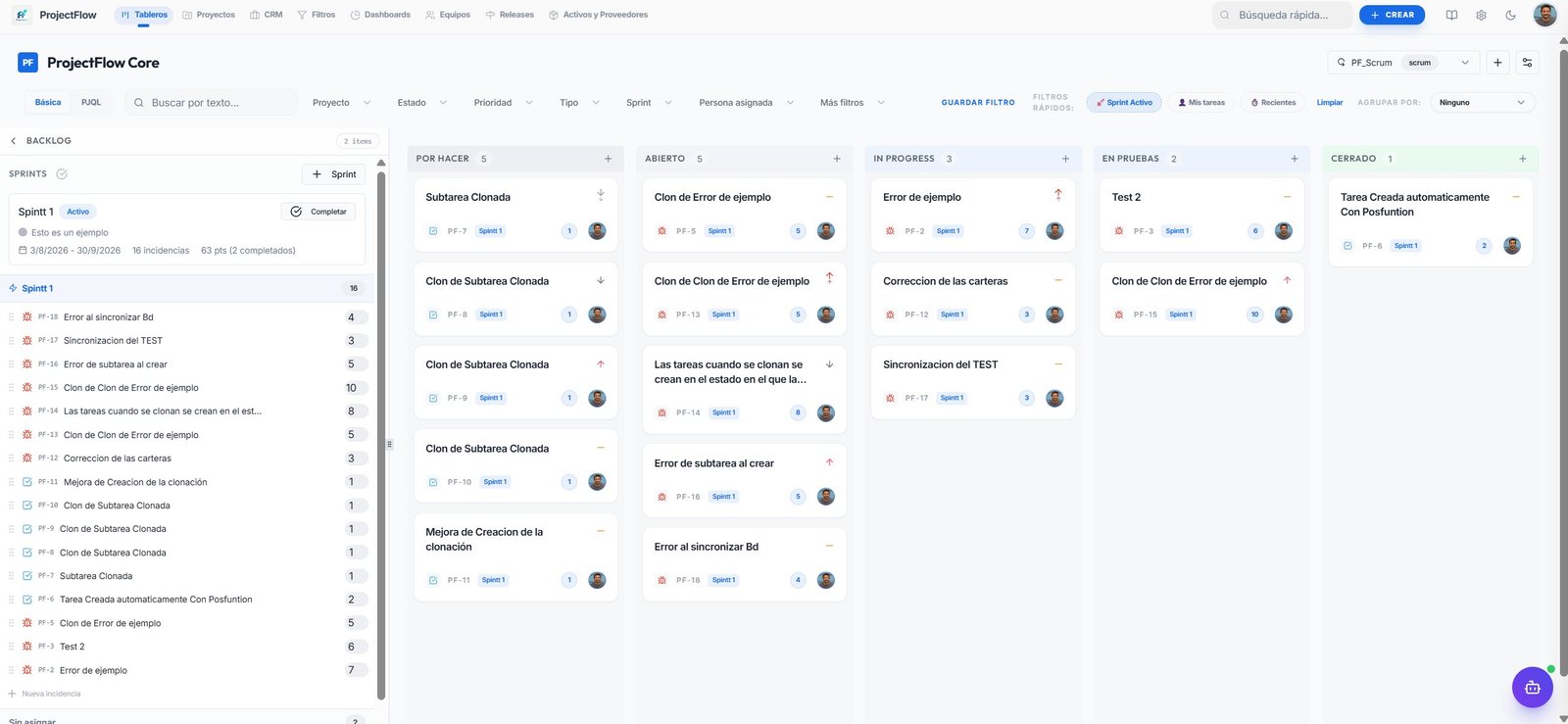 Tablero Kanban de ProjectFlow con sprints, estados y tarjetas de tareas